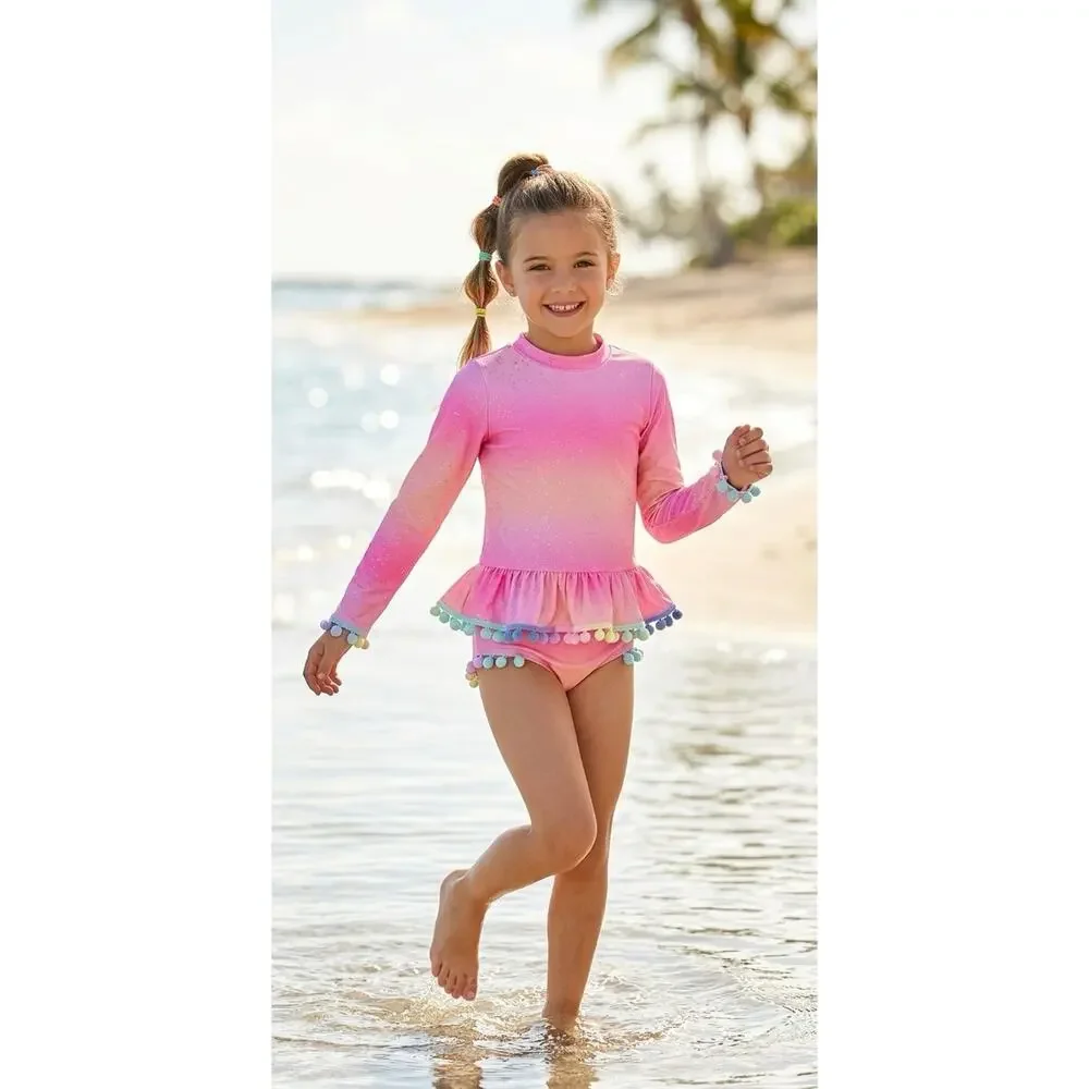 NWT❤️Betsey Johnson Girl's Long Sleeve 2 Pc Rash Guard Tankini Swimsuit sz7/8